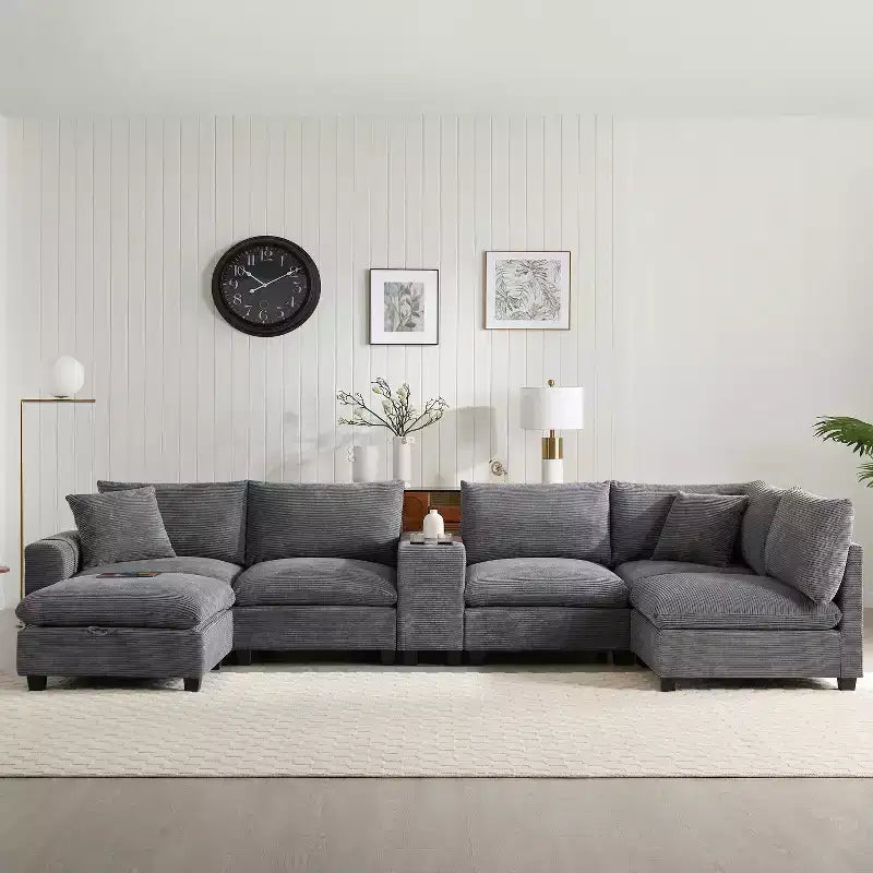 GDFStudio Logan Modern 140 Corduroy U-Shaped Modular Sectional Sofa with Movable Storage Ottoman, Console and USB Charging