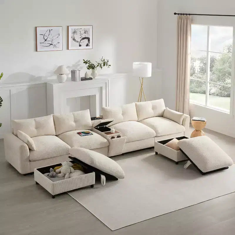 GDFStudio Parker Divano Sezionale Modulare a U Moderno 136 in ciniglia con due pouf contenitore e consolle multifunzione