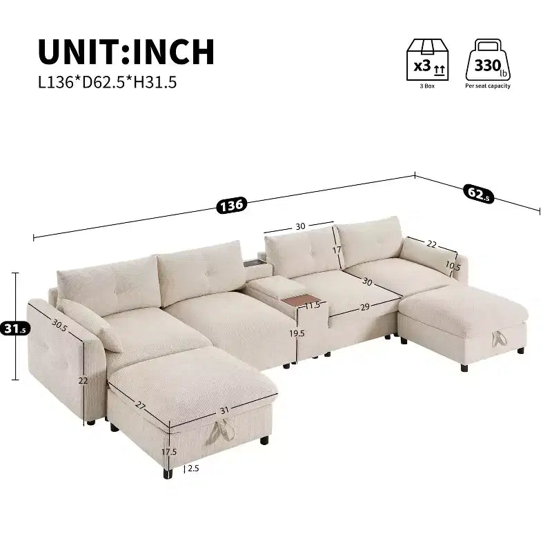 GDFStudio Parker Divano Sezionale Modulare a U Moderno 136 in ciniglia con due pouf contenitore e consolle multifunzione