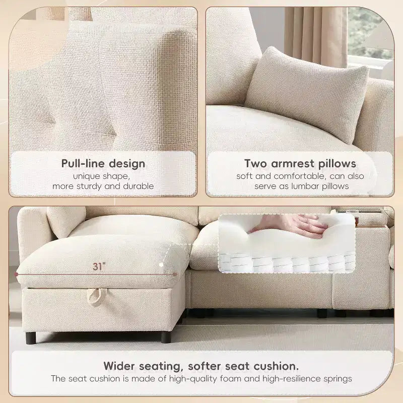 GDFStudio Parker Divano Sezionale Modulare a U Moderno 136 in ciniglia con due pouf contenitore e consolle multifunzione