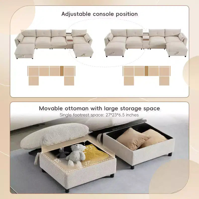 GDFStudio Parker Divano Sezionale Modulare a U Moderno 136 in ciniglia con due pouf contenitore e consolle multifunzione