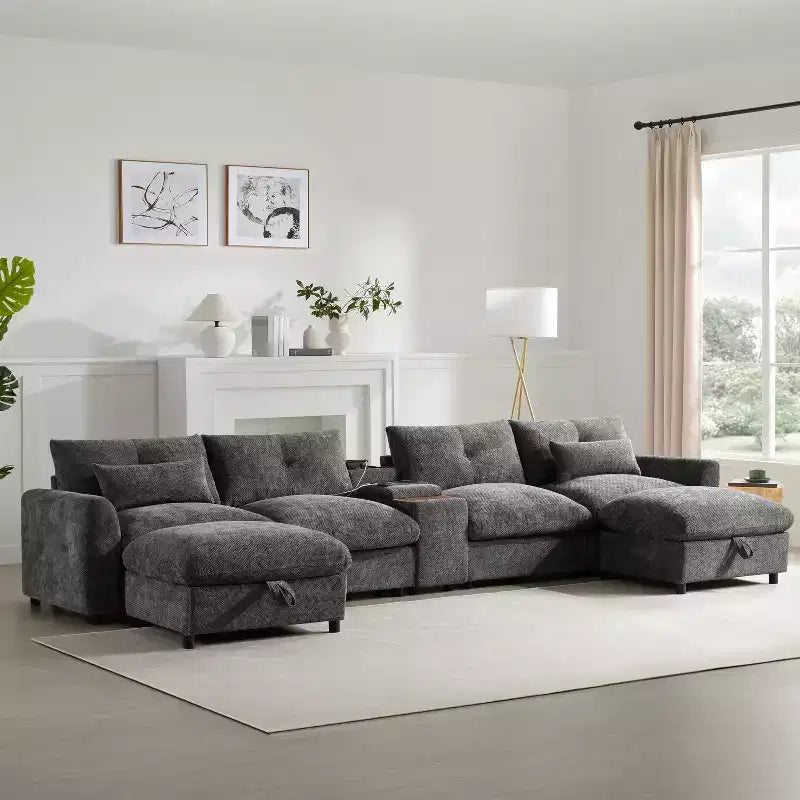 Sofá modular seccional em U GDFStudio Parker Modern 136, de chenille, com dois pufes de arrumação e consola multifunções