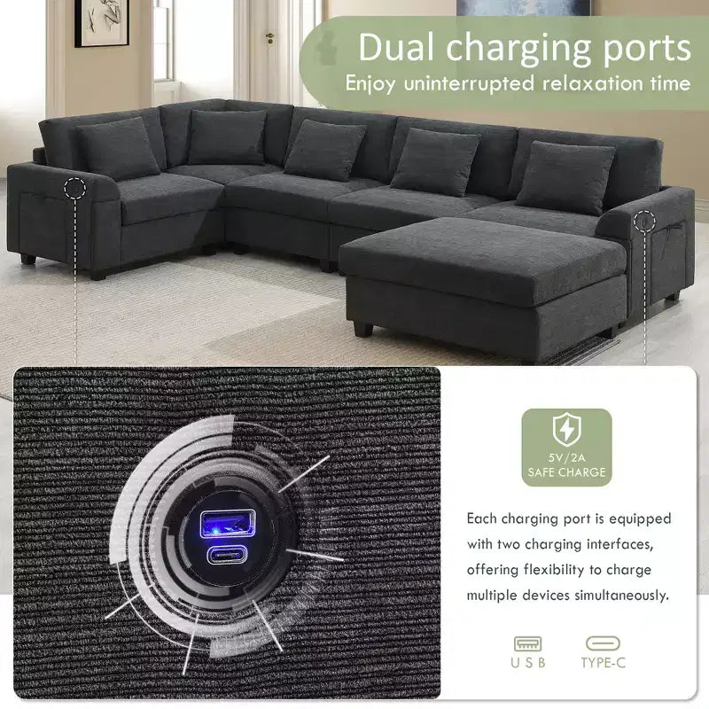 GDFStudio Ira Divano sezionale moderno a U in ciniglia da 128 pollici con pouf, contenitore nascosto e doppie porte di ricarica