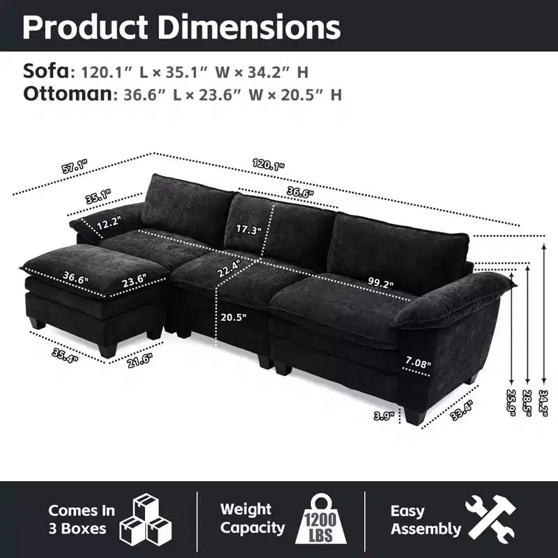 Divano componibile a L a 3 posti GDFStudio Hui 120.1 in stile moderno, rivestito in ciniglia, con pouf