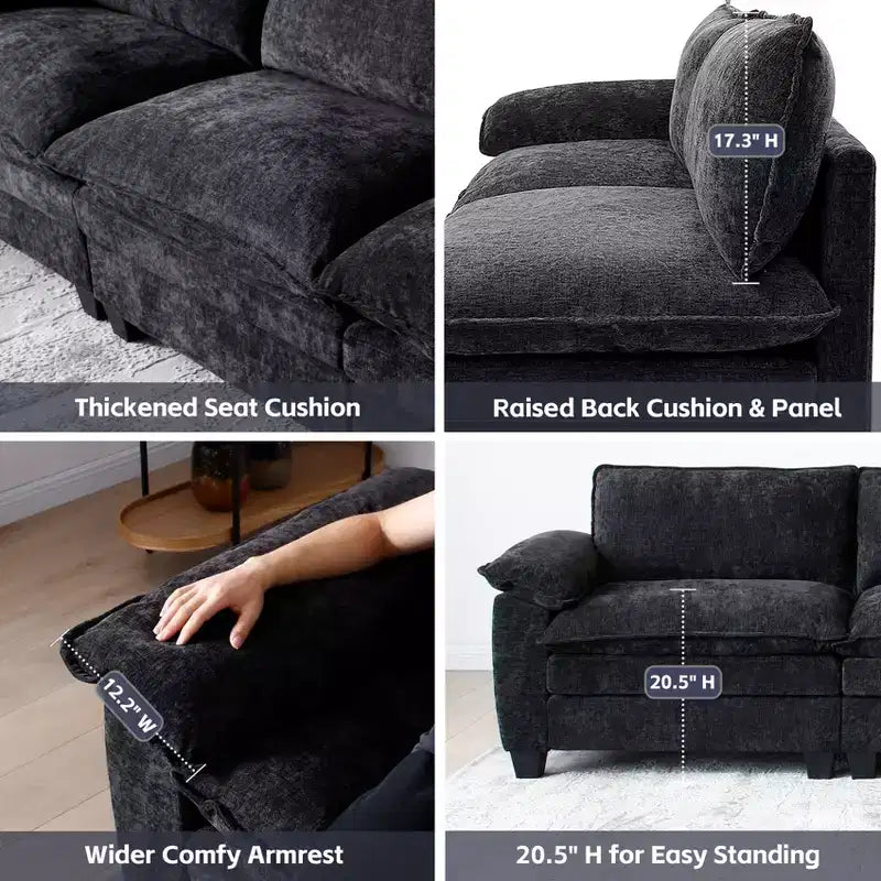 Divano componibile a L a 3 posti GDFStudio Hui 120.1 in stile moderno, rivestito in ciniglia, con pouf