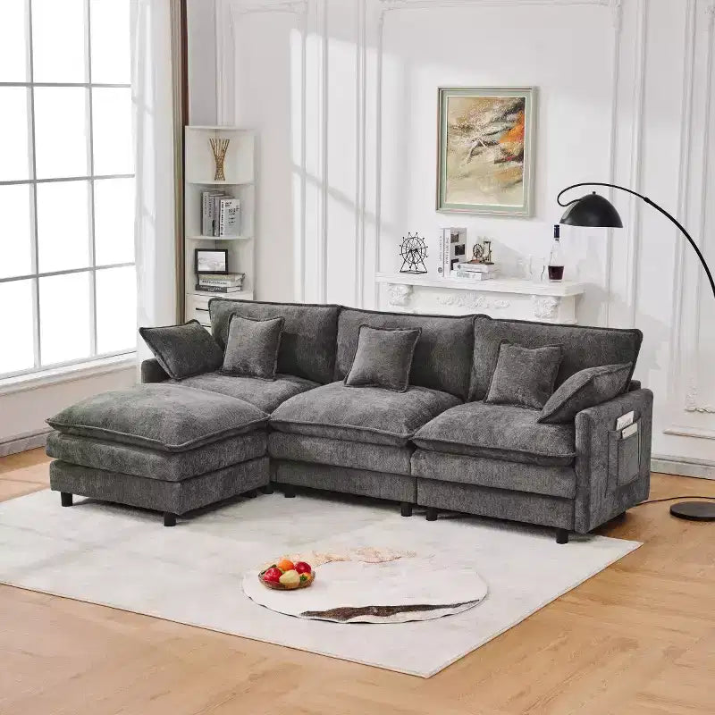 Divano componibile moderno 102 con pouf, cuscini a doppio strato, divano nuvola in tessuto morbido per soggiorni, appartamenti o salotti-Panipeachy