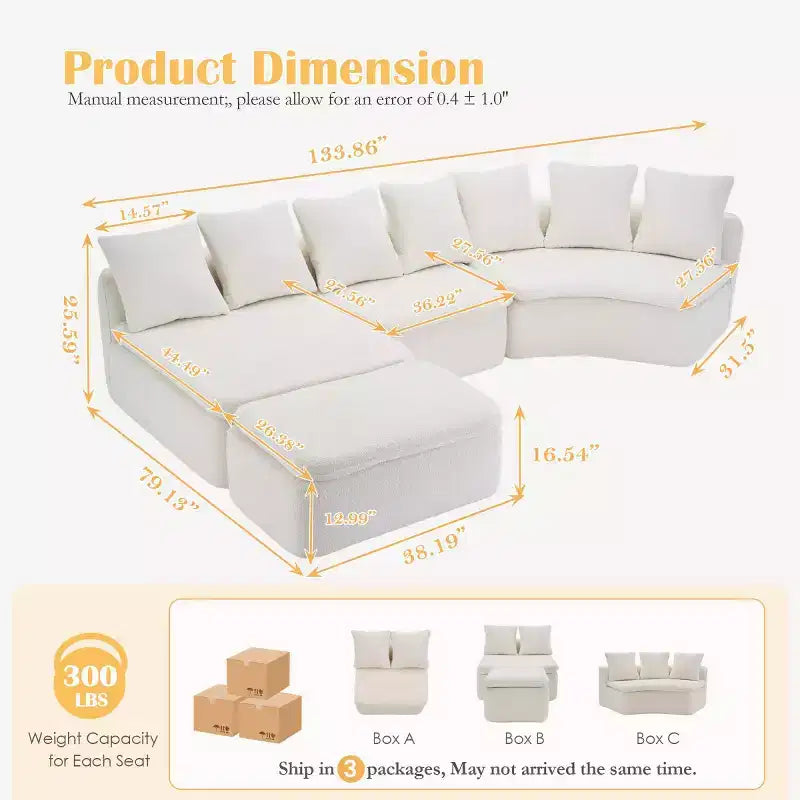 133 Moderno divano componibile curvo con pouf, divano componibile a 3 posti in morbida ciniglia per soggiorno o sala relax - Panipeachy
