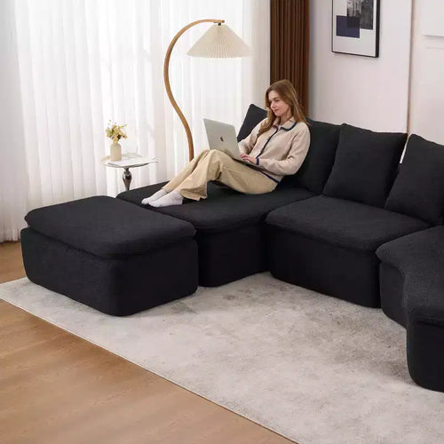 Divano componibile modulare curvo moderno da 133 con pouf, divano cloud componibile a 3 posti in morbida ciniglia per soggiorno o salotto-Panipeachy