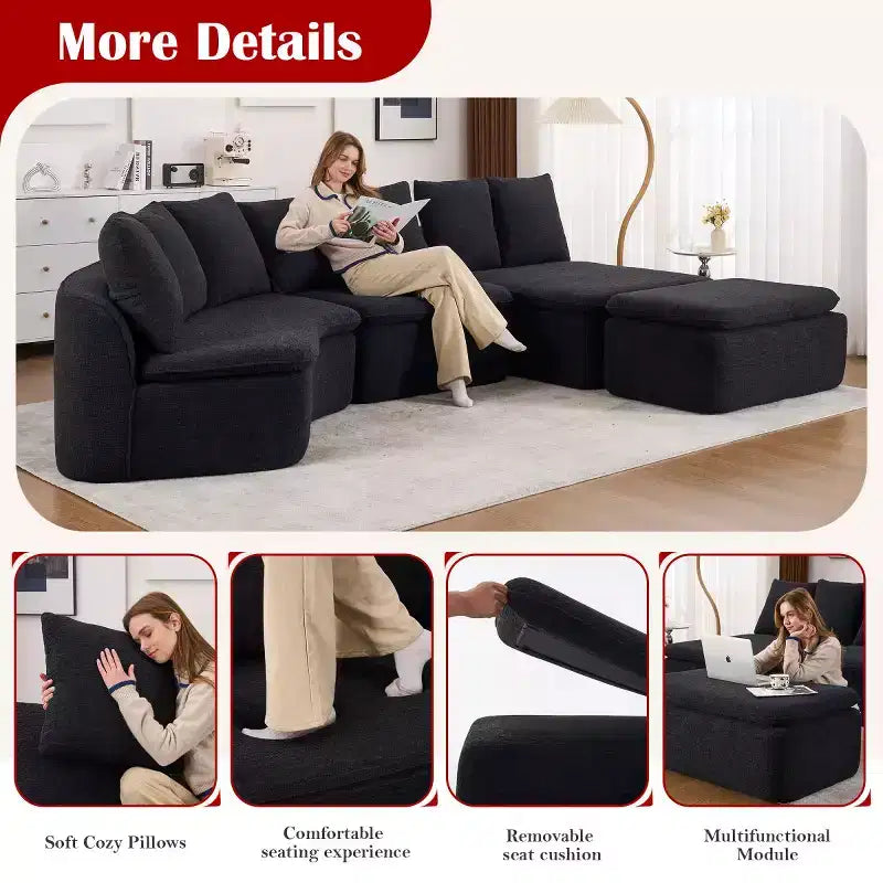 133 Moderno divano componibile curvo con pouf, divano componibile a 3 posti in morbida ciniglia per soggiorno o sala relax - Panipeachy