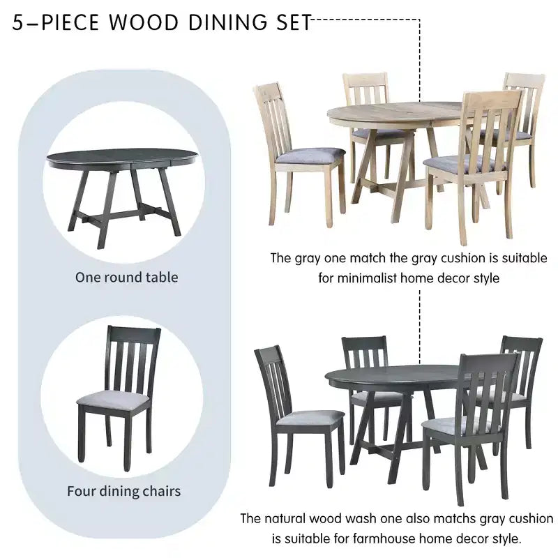 Set tavolo da pranzo rotondo allungabile, set da 5 pezzi con tavolo in legno e 4 sedie, tavolo da pranzo per 4 persone per sala da pranzo