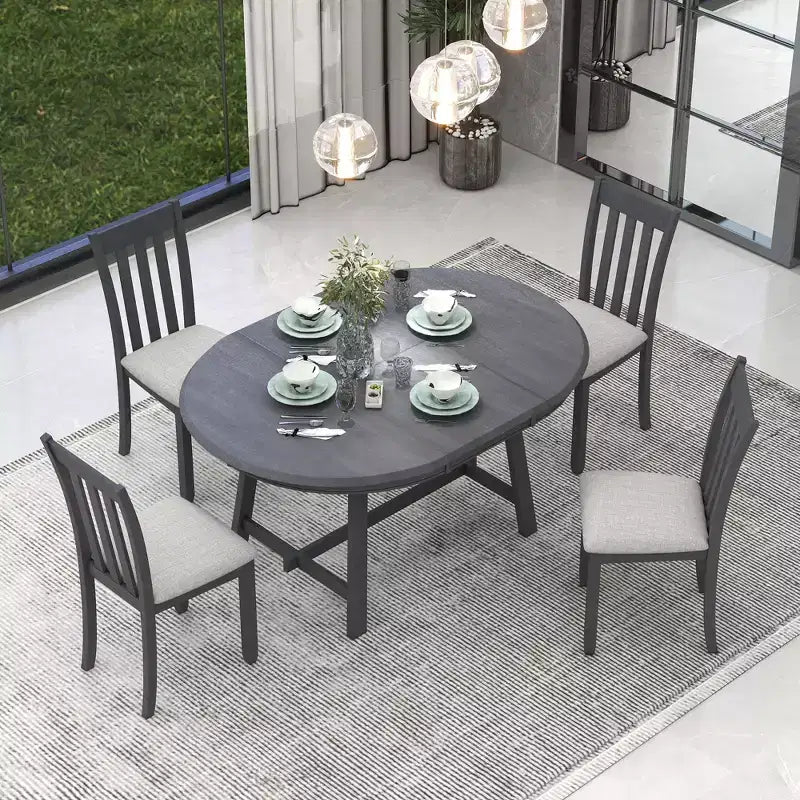 Set tavolo da pranzo rotondo allungabile, set da 5 pezzi con tavolo in legno e 4 sedie, tavolo da pranzo per 4 persone per sala da pranzo