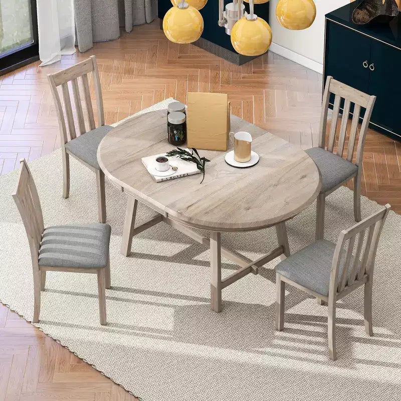 Set tavolo da pranzo rotondo allungabile, set da 5 pezzi con tavolo in legno e 4 sedie, tavolo da pranzo per 4 persone per sala da pranzo
