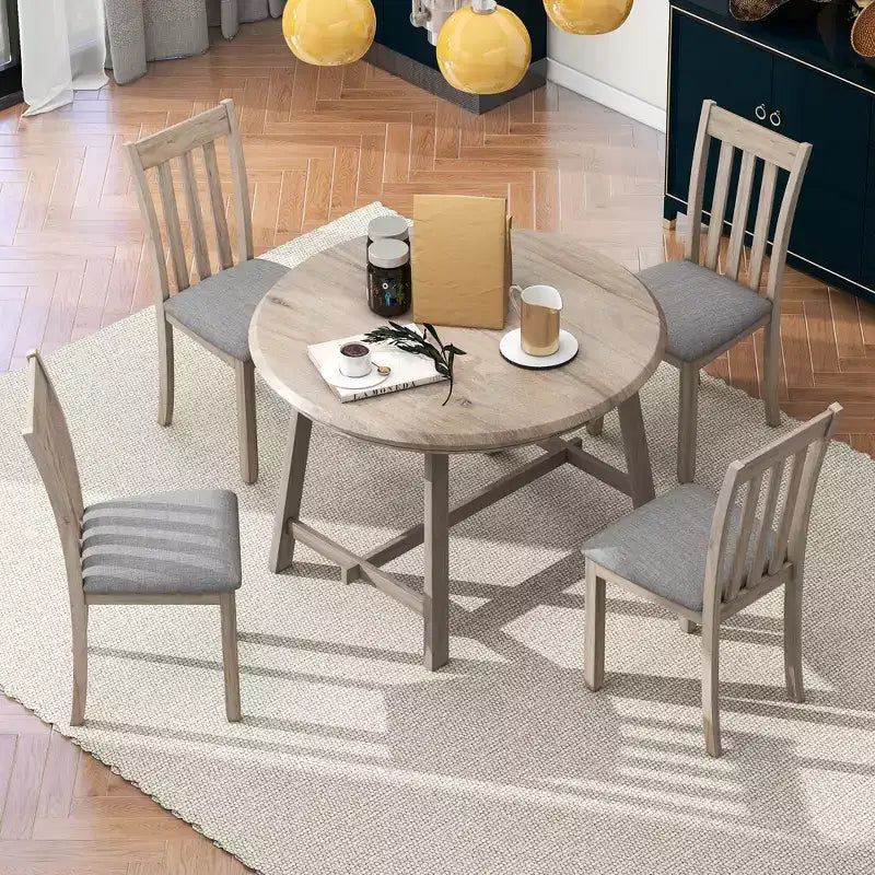 Set tavolo da pranzo rotondo allungabile, set da 5 pezzi con tavolo in legno e 4 sedie, tavolo da pranzo per 4 persone per sala da pranzo