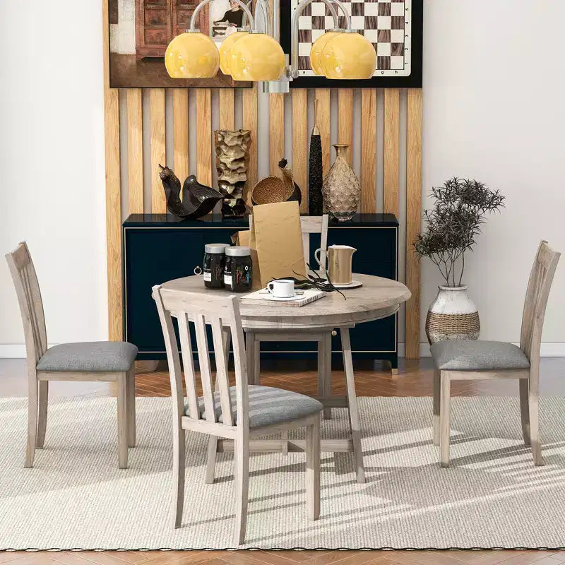 Set tavolo da pranzo rotondo allungabile, set da 5 pezzi con tavolo in legno e 4 sedie, tavolo da pranzo per 4 persone per sala da pranzo