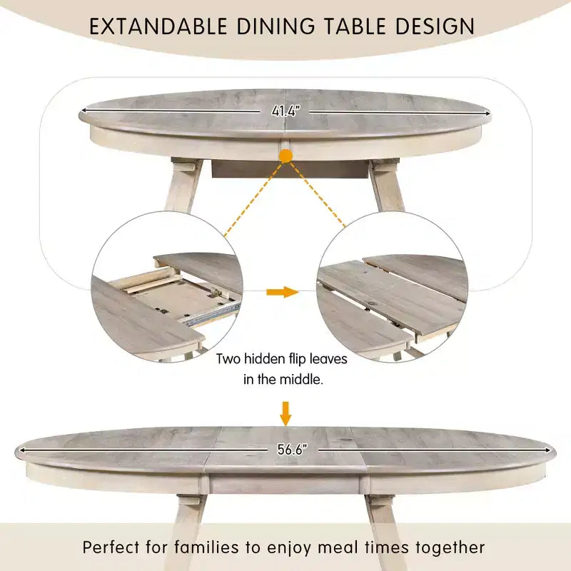 Set tavolo da pranzo rotondo allungabile, set da 5 pezzi con tavolo in legno e 4 sedie, tavolo da pranzo per 4 persone per sala da pranzo