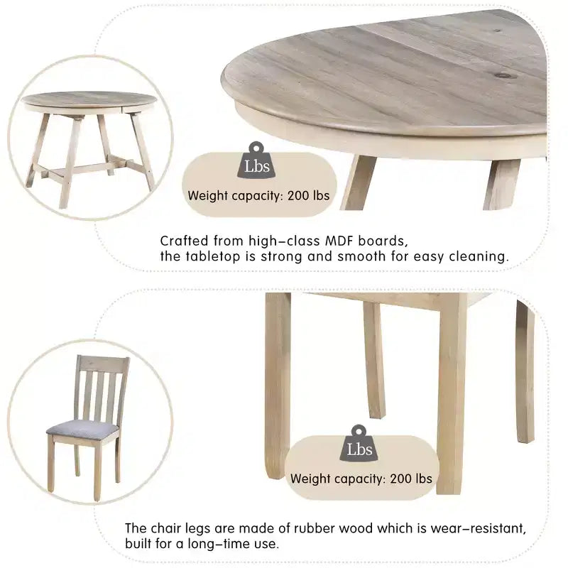 Set tavolo da pranzo rotondo allungabile, set da 5 pezzi con tavolo in legno e 4 sedie, tavolo da pranzo per 4 persone per sala da pranzo