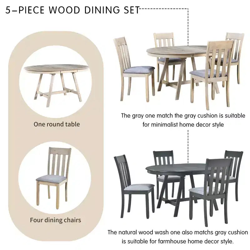Set tavolo da pranzo rotondo allungabile, set da 5 pezzi con tavolo in legno e 4 sedie, tavolo da pranzo per 4 persone per sala da pranzo