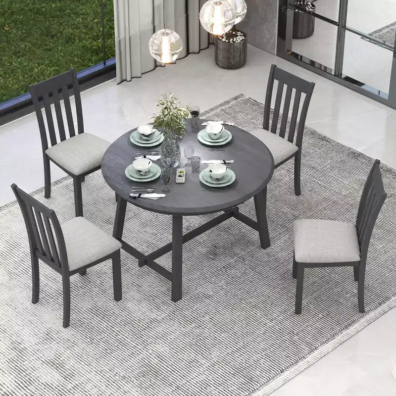 Set tavolo da pranzo rotondo allungabile, set da 5 pezzi con tavolo in legno e 4 sedie, tavolo da pranzo per 4 persone per sala da pranzo