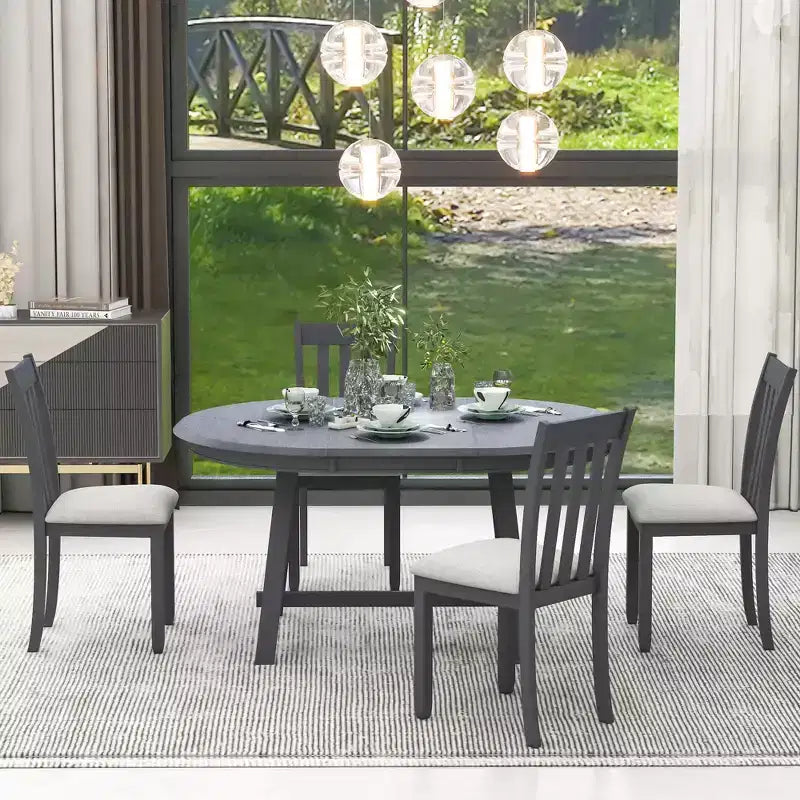 Set tavolo da pranzo rotondo allungabile, set da 5 pezzi con tavolo in legno e 4 sedie, tavolo da pranzo per 4 persone per sala da pranzo