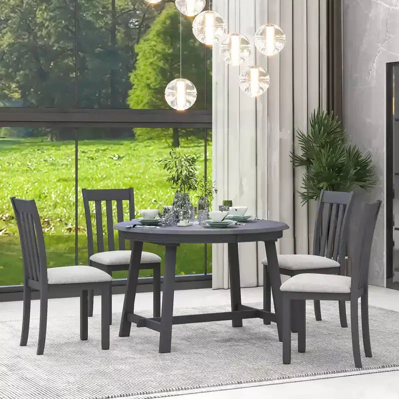 Set tavolo da pranzo rotondo allungabile, set da 5 pezzi con tavolo in legno e 4 sedie, tavolo da pranzo per 4 persone per sala da pranzo