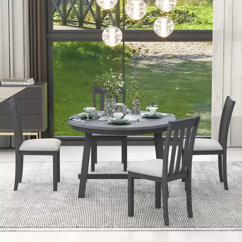 Set tavolo da pranzo rotondo allungabile, set da 5 pezzi con tavolo in legno e 4 sedie, tavolo da pranzo per 4 persone per sala da pranzo