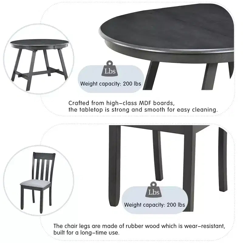 Set tavolo da pranzo rotondo allungabile, set da 5 pezzi con tavolo in legno e 4 sedie, tavolo da pranzo per 4 persone per sala da pranzo