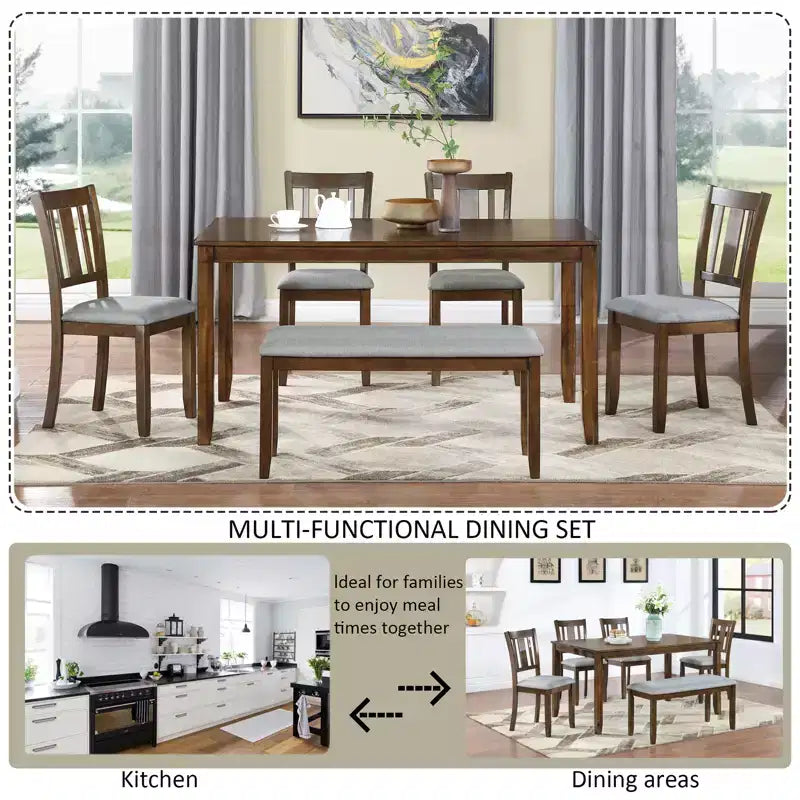 sumyeg Set da 6 pezzi con tavolo da pranzo rettangolare, sedie e panca per cucina o sala da pranzo