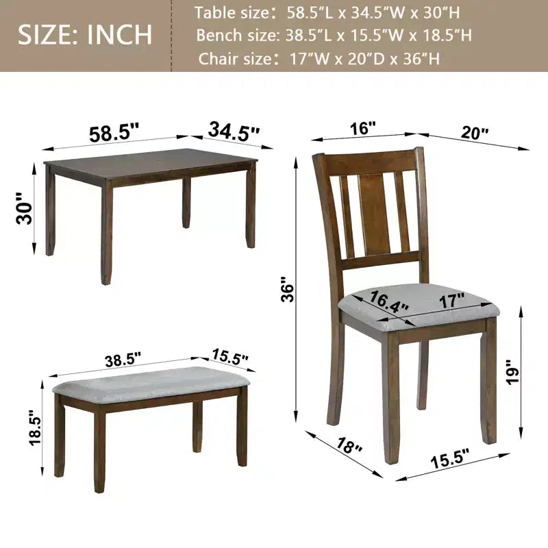 sumyeg Set da 6 pezzi con tavolo da pranzo rettangolare, sedie e panca per cucina o sala da pranzo
