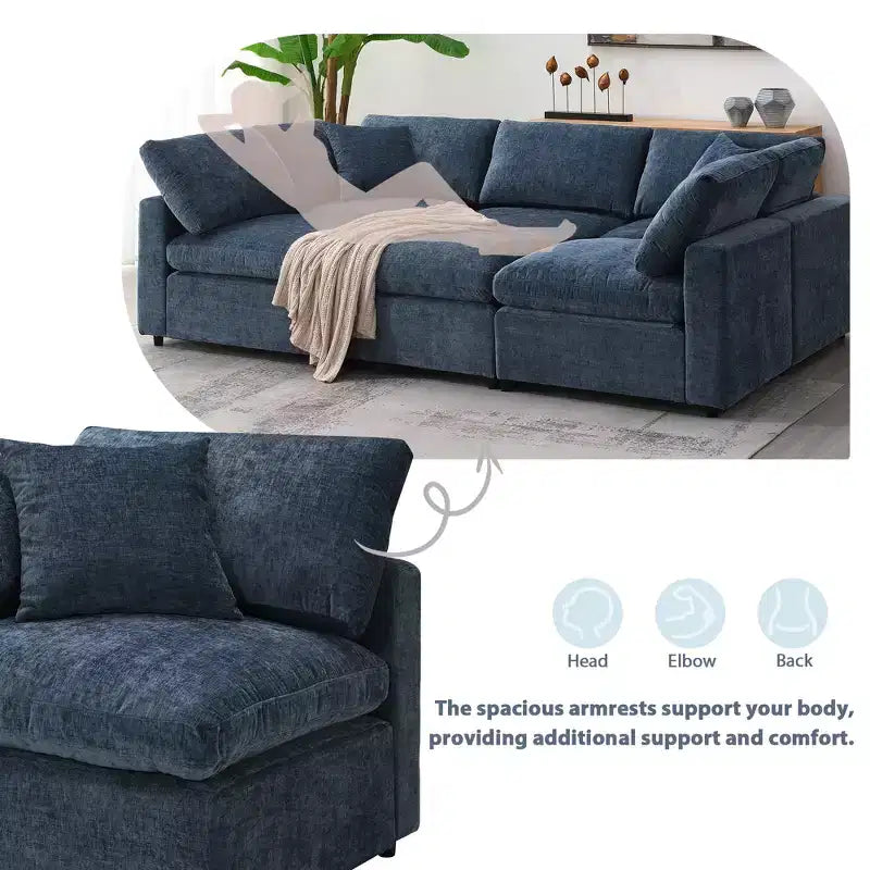 Divano letto modulare Polibi a 6 pezzi in ciniglia Cloud con pouf