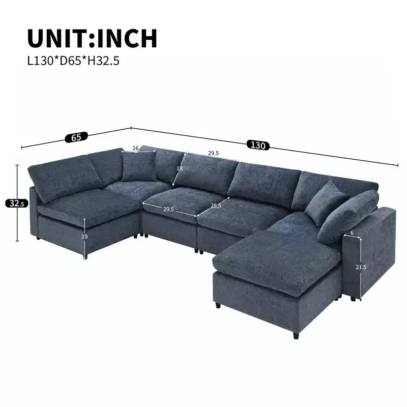 Divano letto modulare Polibi a 6 pezzi in ciniglia Cloud con pouf