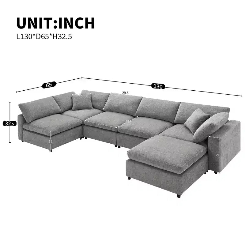 Divano letto modulare Polibi a 6 pezzi in ciniglia Cloud con pouf
