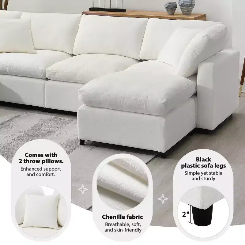 Divano letto modulare Polibi a 6 pezzi in ciniglia Cloud con pouf