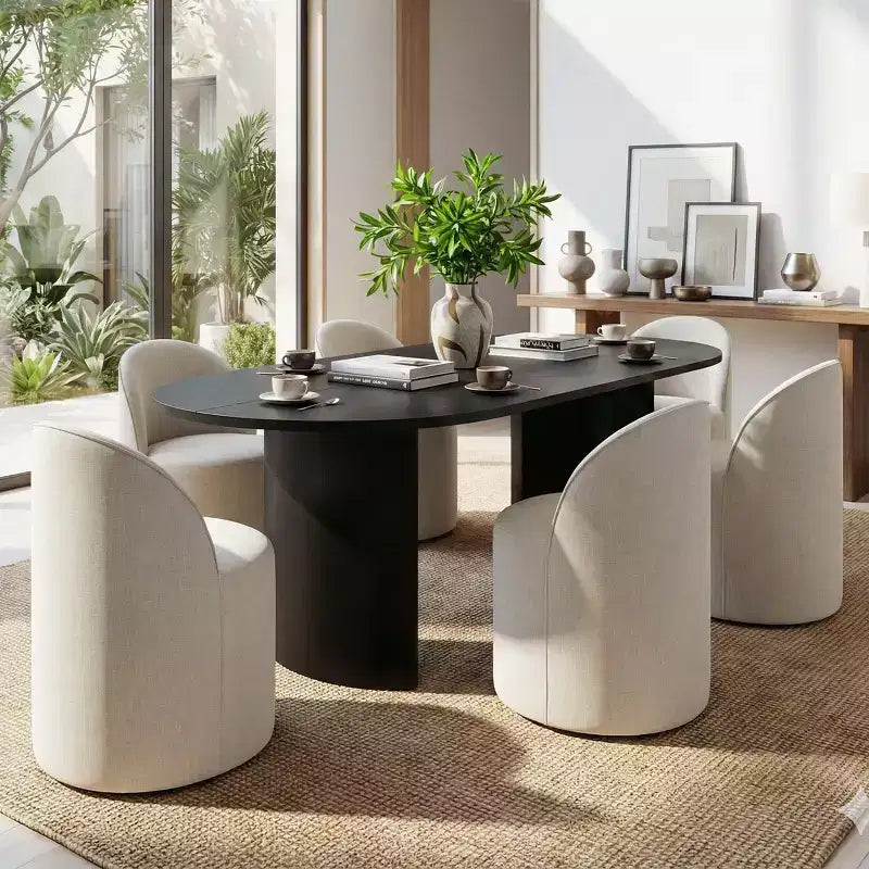 Esszimmer-Set für 6 Personen, ovaler 79-Tisch und mit Leinenstoff gepolsterte Schalensessel mit Rollen, für das Esszimmer-Panipeachy