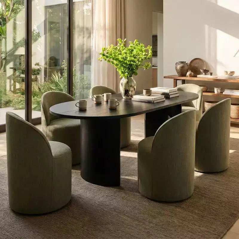 Esszimmer-Set für 6 Personen, ovaler 79-Tisch und mit Leinenstoff gepolsterte Schalensessel mit Rollen, für das Esszimmer-Panipeachy