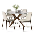 Olive+Oslo Set da pranzo 5 pezzi per 4 persone, Tavolo da pranzo rotondo in vetro con 4 sedie da pranzo imbottite Gambe color noce-Panipeachy