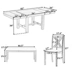 Set da pranzo allungabile in stile rustico per 6 persone, tavolo rettangolare in legno massello con prolunga rimovibile, 4 sedie imbottite e panca