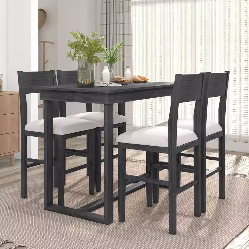 Set da pranzo da 5 pezzi ad altezza bancone per 4 persone, set da bar in legno in stile rustico con 4 sedie imbottite per piccoli spazi