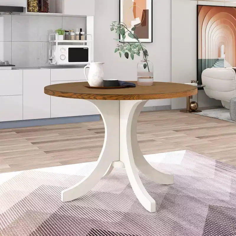Set da pranzo 5 pezzi per 4 persone in stile rustico, tavolo da cucina rotondo in legno con 4 sedie imbottite
