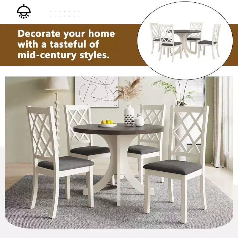 Set da pranzo 5 pezzi per 4 persone in stile rustico, tavolo da cucina rotondo in legno con 4 sedie imbottite