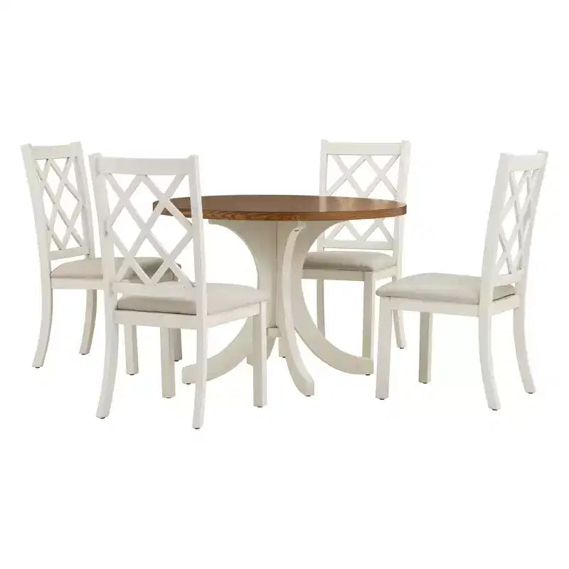 Set da pranzo 5 pezzi per 4 persone in stile rustico, tavolo da cucina rotondo in legno con 4 sedie imbottite