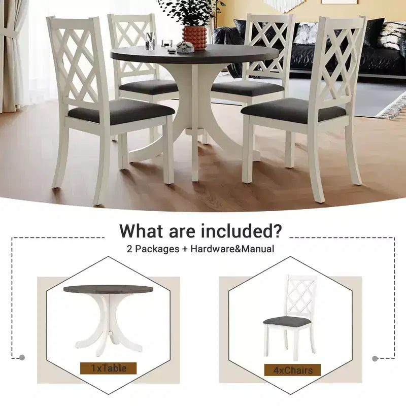 Set da pranzo 5 pezzi per 4 persone in stile rustico, tavolo da cucina rotondo in legno con 4 sedie imbottite