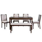 Set da Tavolo da Pranzo da Cucina Retrò da 6 Pezzi, Tavolo Rettangolare e 4 Sedie Trapuntate con Schienale Alto e Panca, Set Tavolo da Sala da Pranzo in Legno per 6