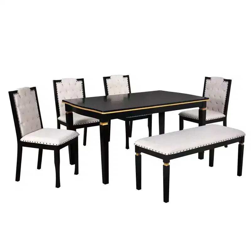 Set da Tavolo da Pranzo da Cucina Retrò da 6 Pezzi, Tavolo Rettangolare e 4 Sedie Trapuntate con Schienale Alto e Panca, Set Tavolo da Sala da Pranzo in Legno per 6