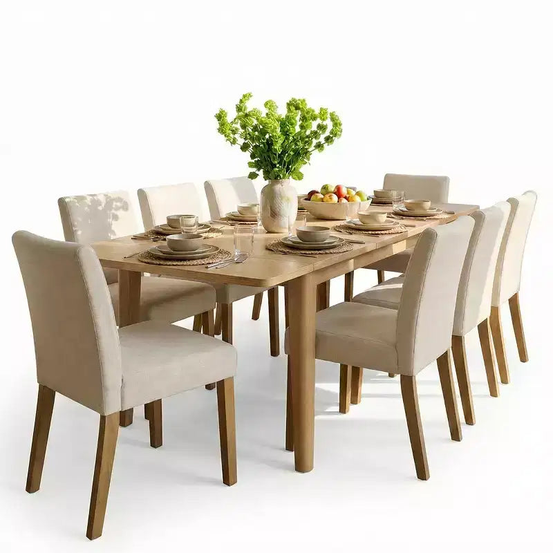 Set da Pranzo Espandibile per 8 Persone, Tavolo Rettangolare con Allunghe Rimovibili e Sedie in Lino Senza Braccioli, con Gambe in Legno Massello-Panipeachy
