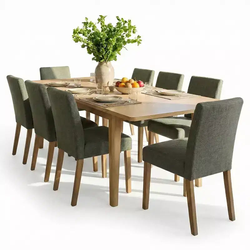 Set da Pranzo Espandibile per 8 Persone, Tavolo Rettangolare con Allunghe Rimovibili e Sedie in Lino Senza Braccioli, con Gambe in Legno Massello-Panipeachy