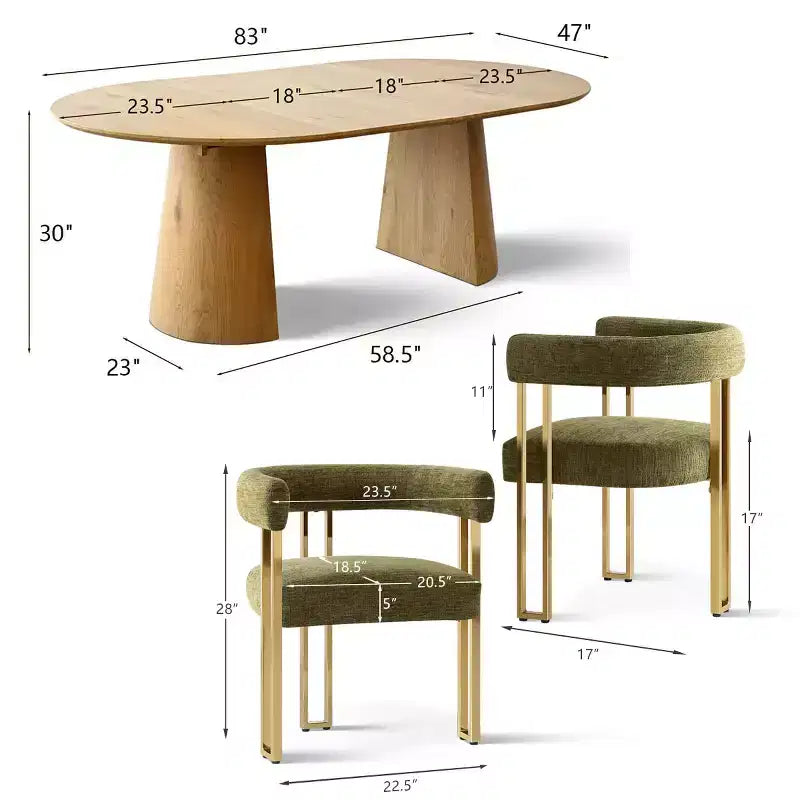 Set Tavolo da Pranzo Estensibile 47-83 per 6 Persone, Tavolo Color Legno Naturale e 6 Sedie da Pranzo Imbottite in Ciniglia con Gambe in Metallo-Panipeachy