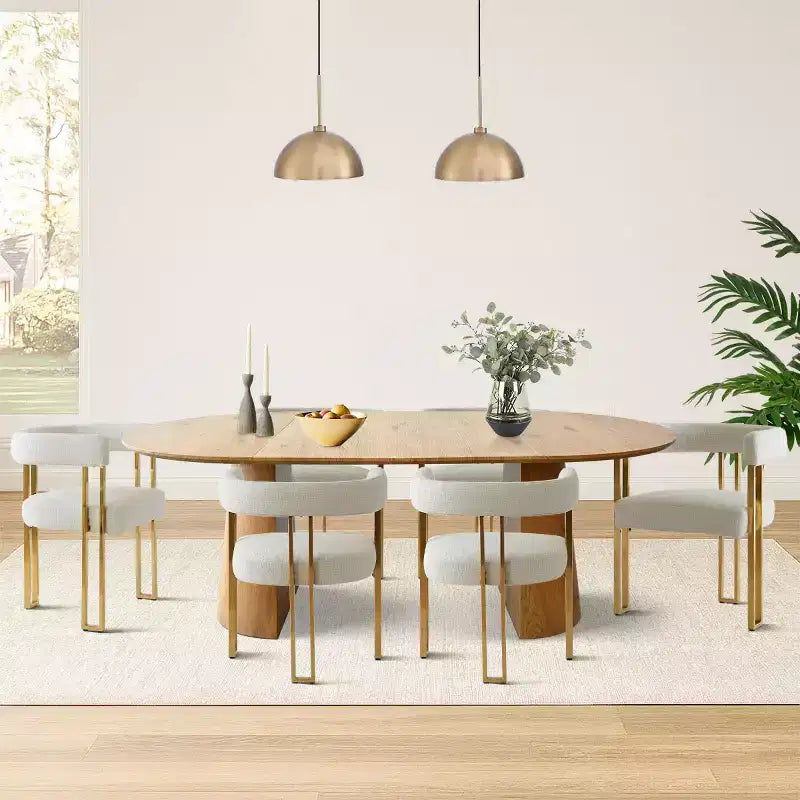 Set da pranzo allungabile 47-83 per 6 persone, tavolo effetto legno naturale e 6 sedie da pranzo imbottite in ciniglia con gambe in metallo-Panipeachy