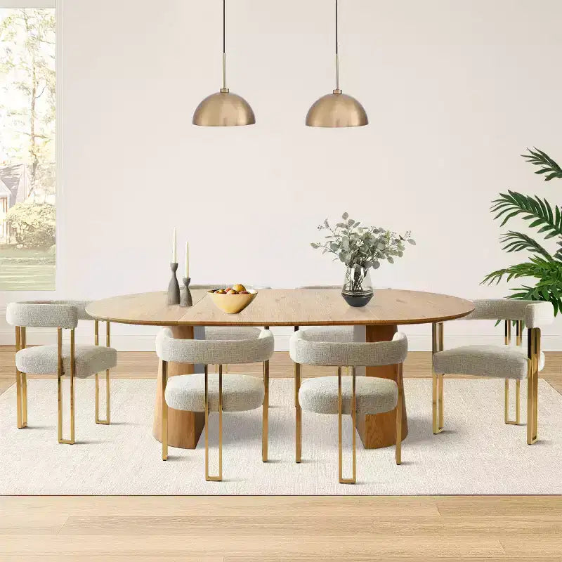 Set da pranzo allungabile 47-83 per 6 persone, tavolo effetto legno naturale e 6 sedie da pranzo imbottite in ciniglia con gambe in metallo-Panipeachy