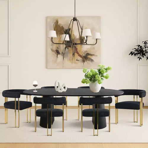 Set da pranzo ovale allungabile 3-in-1 con sedie imbottite in ciniglia e gambe in metallo dorato, arredamento da pranzo versatile-Panipeachy