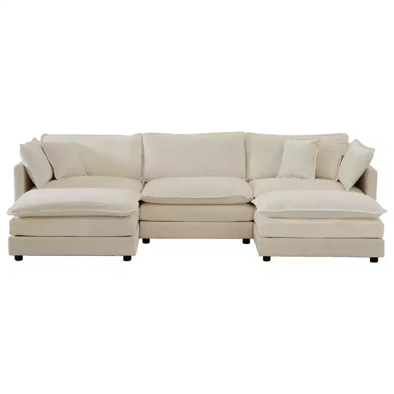 Homy Casa Divano Sezionale Modulare a U in ciniglia con Pouf Reversibili, Profondamente Imbottito, Beige
